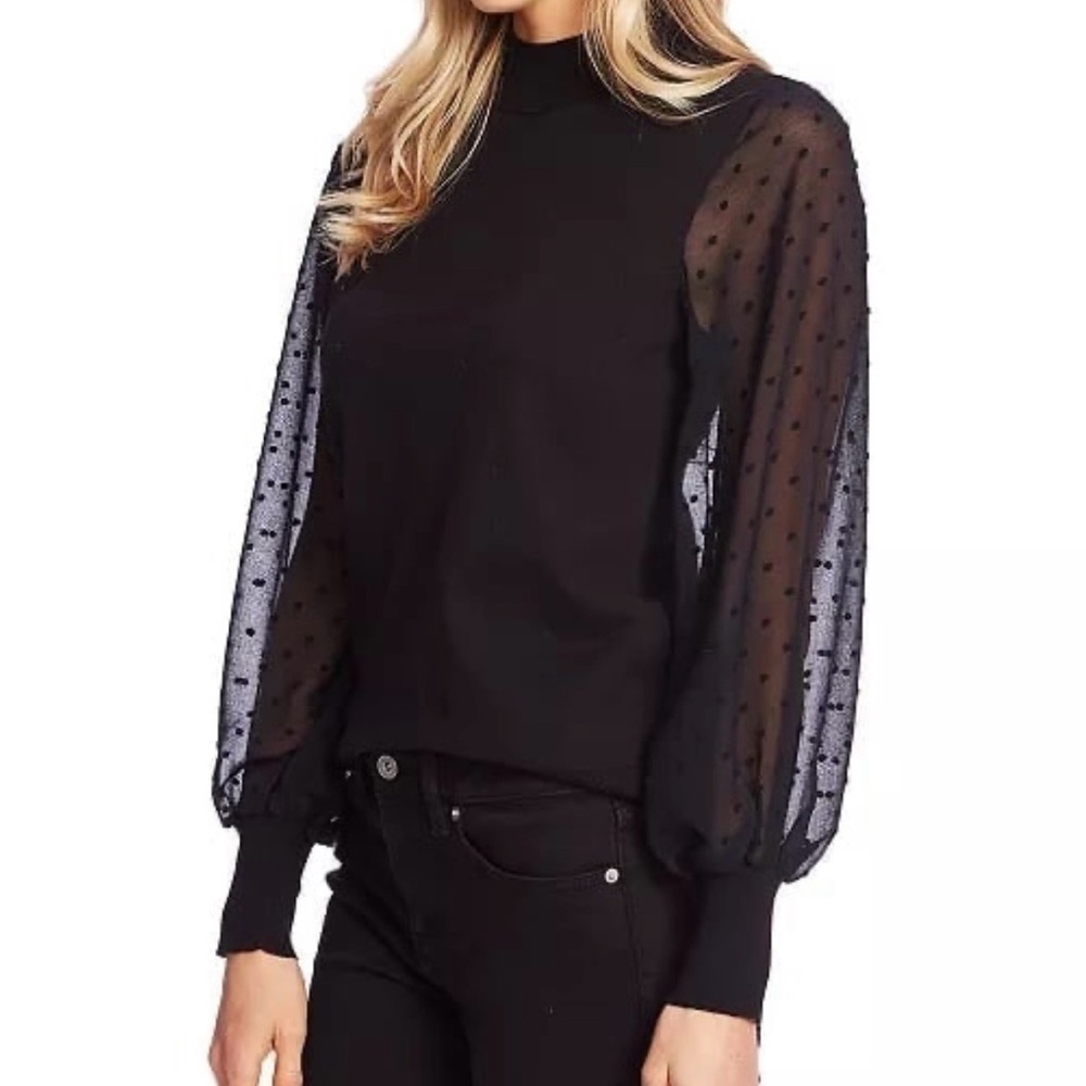 CeCe Black Blouse with Sheer Polka Dot Sleeves